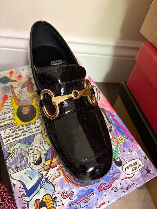 Jeffrey Campbell Black Patent Leather Loafer with Gold Horsebit